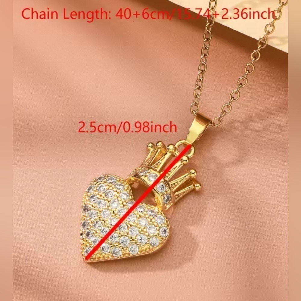 18K Gold Heart & Crown Pendant Necklace With Pave Diamond Inlay - Picture 12 of 14